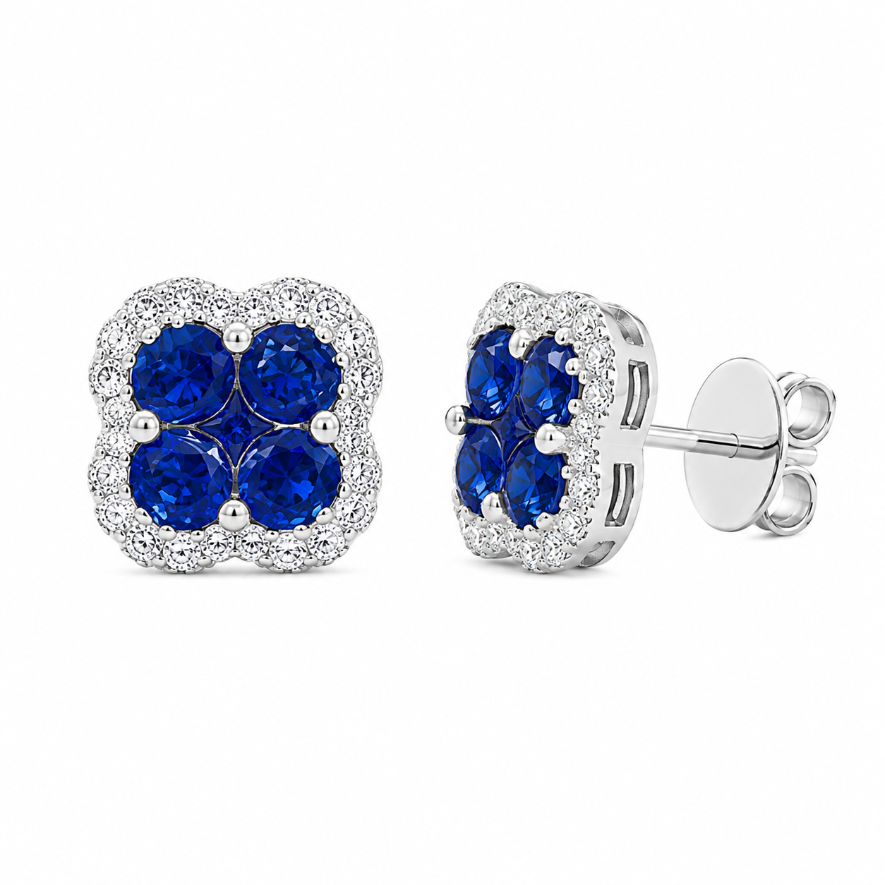 Front and side view of 18K white gold natural sapphire and diamond cluster stud earrings with post and push backs