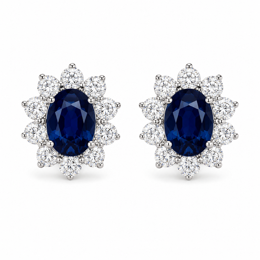 18K white gold natural sapphire and diamond halo earrings with 6.14 carats of sapphires and 2.66 carats of diamonds