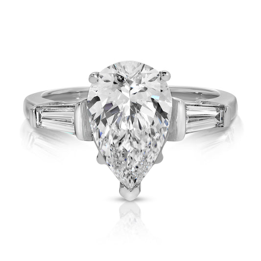 14KT Gold Pear Cut Lab Diamond 2.02cts F VS1 set with 2 0.34ct Tapered Baguettes Lab Diamonds Engagement Ring