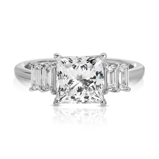 14KT Gold 2.44cts F VS1 Princess Cut Lab Diamond set with 4 Baguette Lab Diamonds  0.31ct Engagement Ring