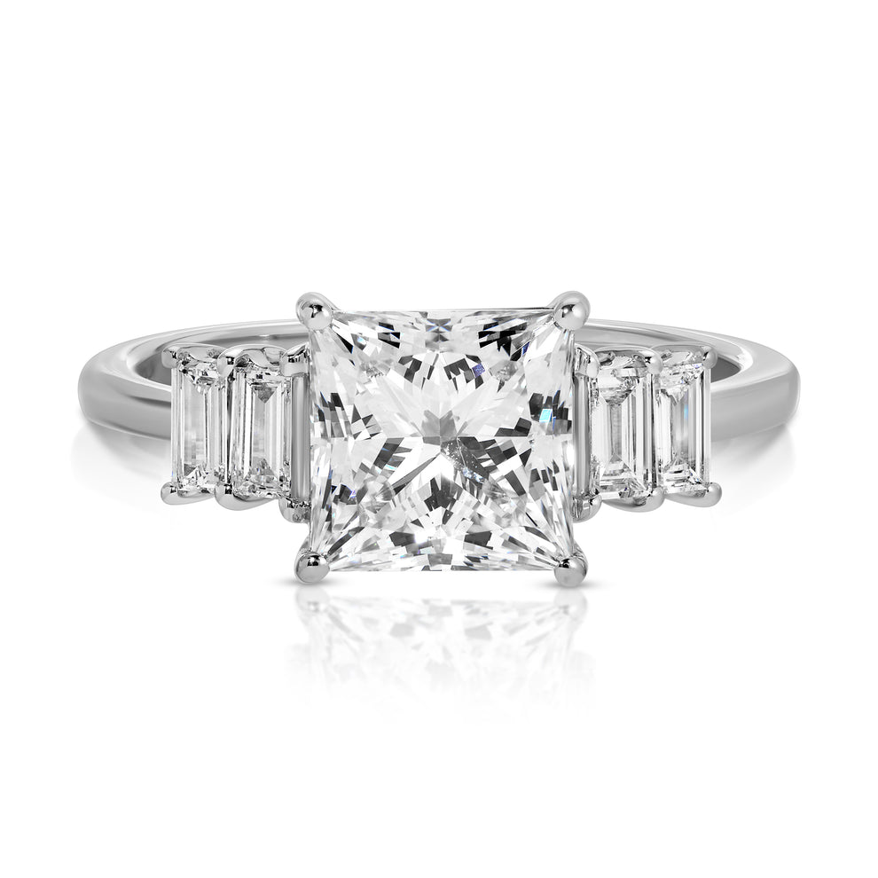 14KT Gold 2.44cts F VS1 Princess Cut Lab Diamond set with 4 Baguette L ...