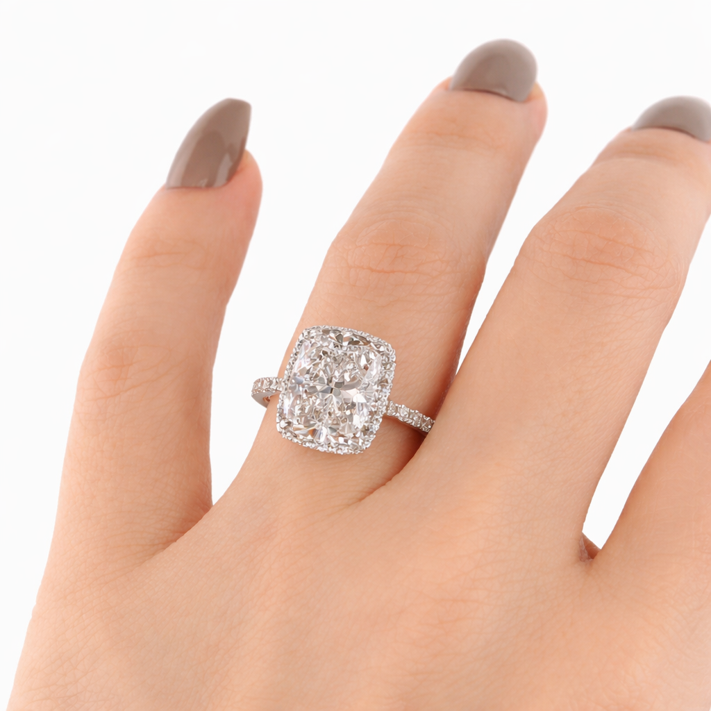 14KT Gold 4cts Halo Cushion Lab Diamond Center Stone Engagement Ring