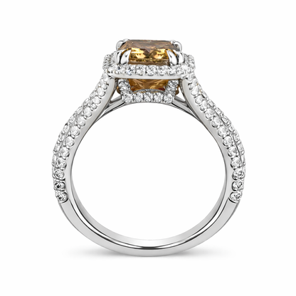 14KT Gold Halo Radiant Cut Brown Diamond Center Stone and White Diamonds Ring