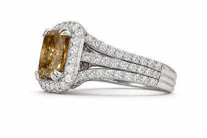 14KT Gold Halo Radiant Cut Brown Diamond Center Stone and White Diamonds Ring