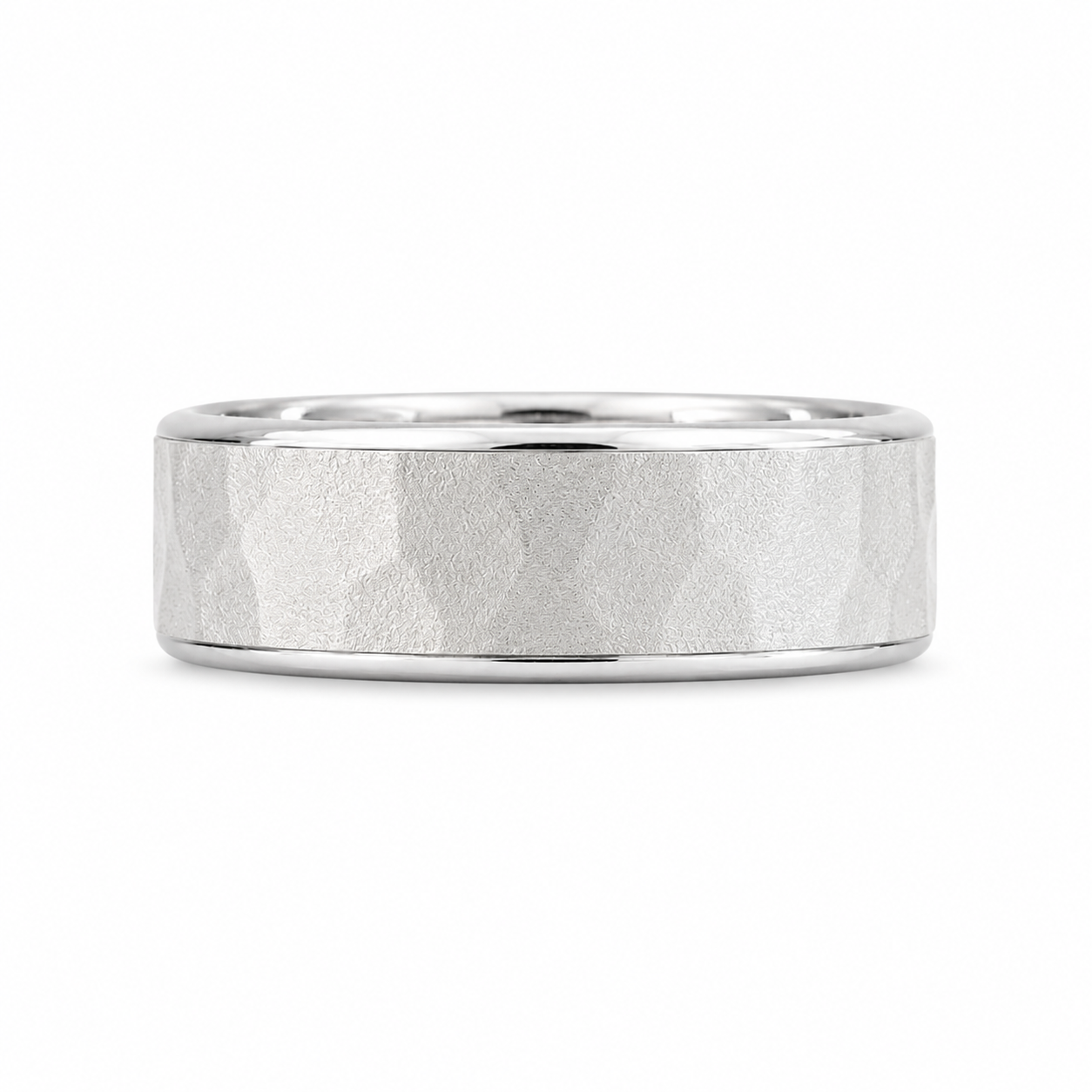 14K white gold 8mm men’s wedding band with hammered finish and polished edges