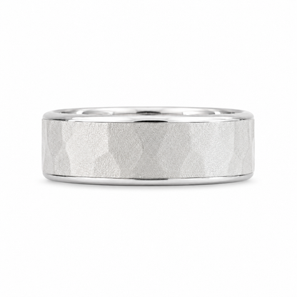 14K white gold 8mm men’s wedding band with hammered finish and polished edges
