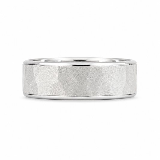 14K white gold 8mm men’s wedding band with hammered finish and polished edges