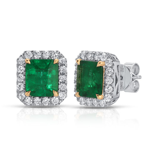 18KT White Yellow Gold Emerald Earrings 2.38ct and 0.68ct Diamond Earrings