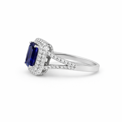 18KT Gold Halo Ring set with Blue Sapphire center stone and Diamonds