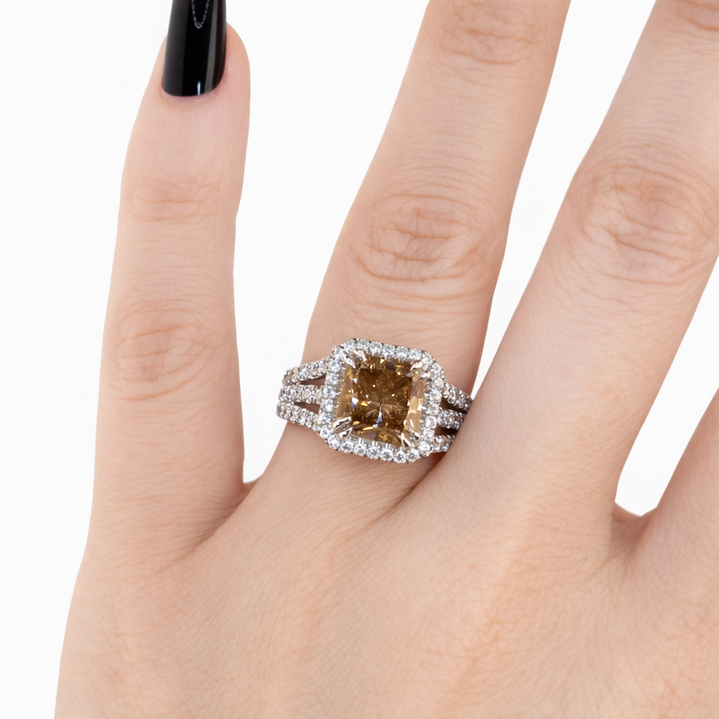 14KT Gold Halo Radiant Cut Brown Diamond Center Stone and White Diamonds Ring