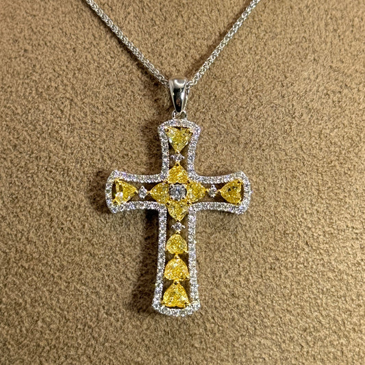 18KT Gold Yellow and White Diamond Cross Pendant Necklace