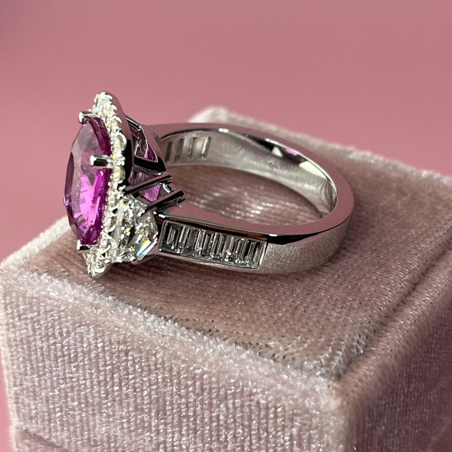 Cushion Cut Pink Sapphire Ring Set with Diamonds