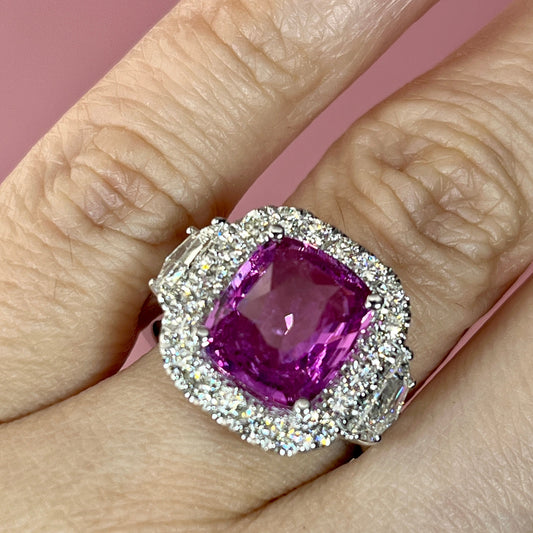 Cushion Cut Pink Sapphire Ring Set with Diamonds