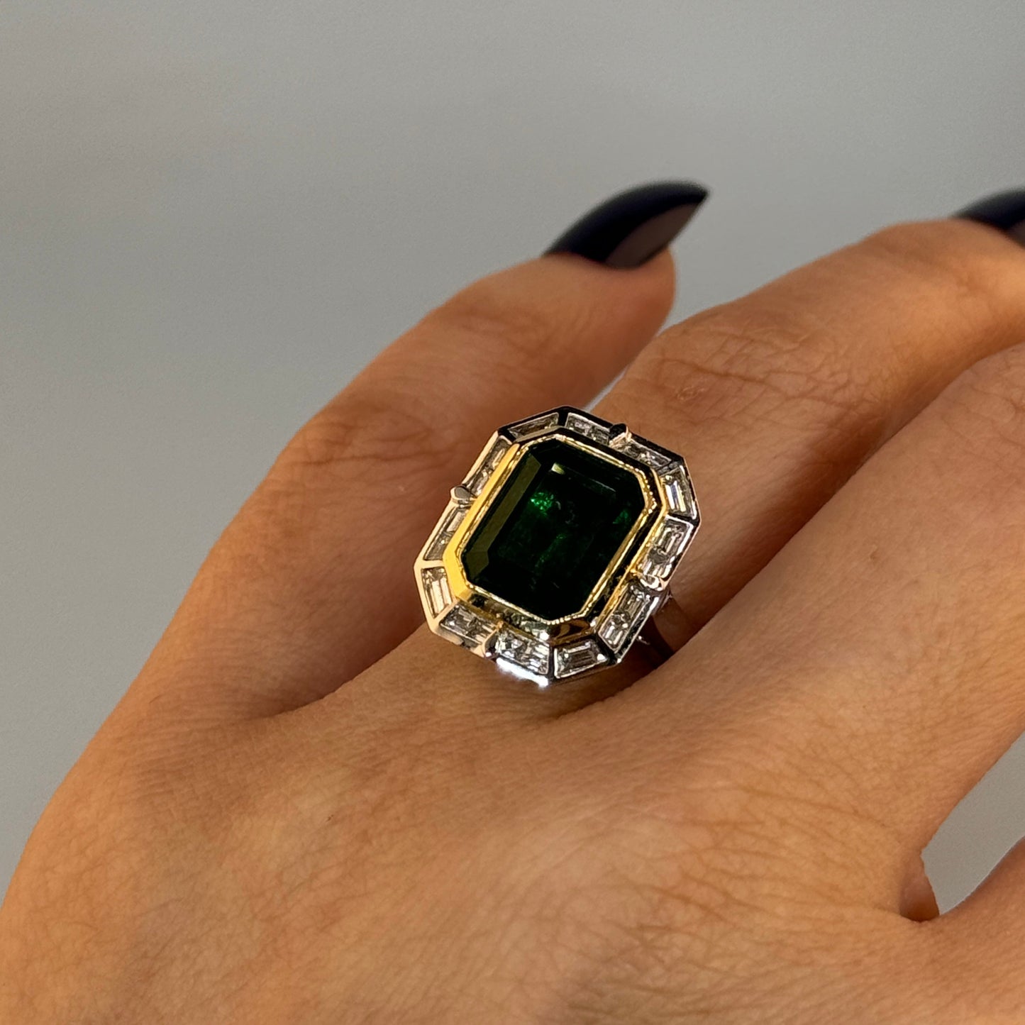 18KT Two-Tone Gold Octogonal Emerald Center Stone with Diamonds