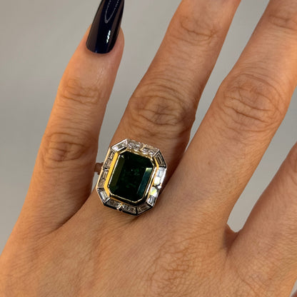 18KT Two-Tone Gold Octogonal Emerald Center Stone with Diamonds