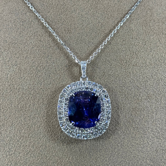 14KT Gold Cushion Cut Blue Sapphire and Diamond Pendant Necklace