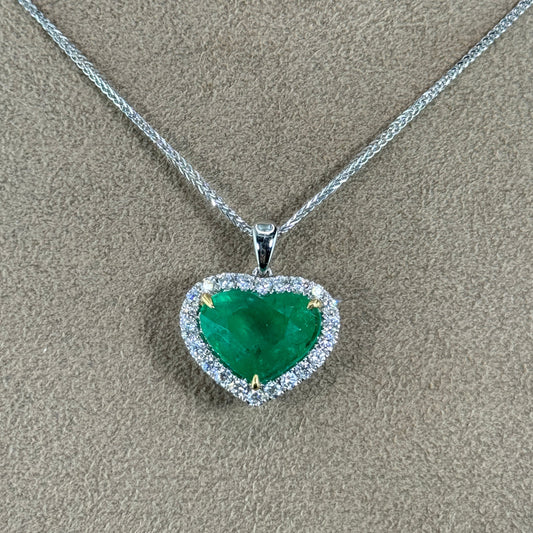 14KT Gold Heart Emerald and Diamond Necklace Pendant