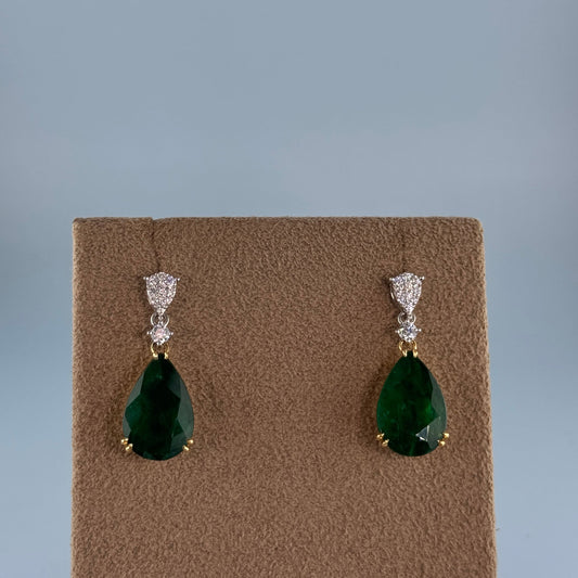 18KT Gold Pear Emerald and Diamond Drop Earrings