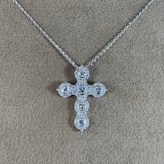 14KT Gold Diamond Cross Halo Pendant Necklace