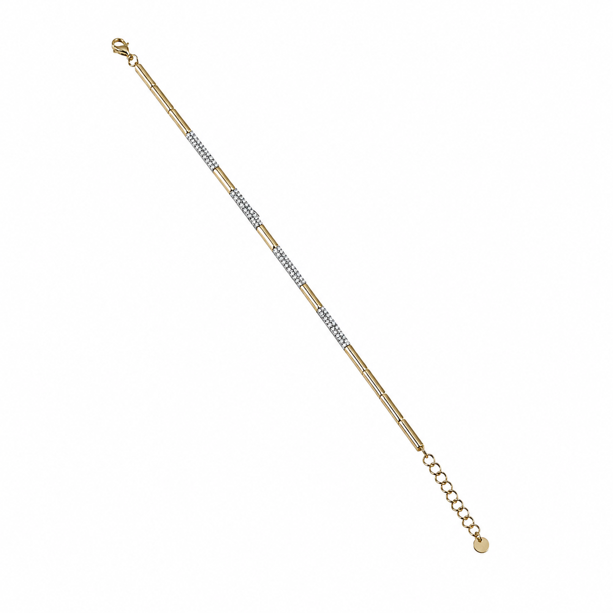 14 karat yellow gold diamond bar bracelet with natural round diamonds and adjustable chain at Isabella’s Fine Jewelry in Huntington Beach California