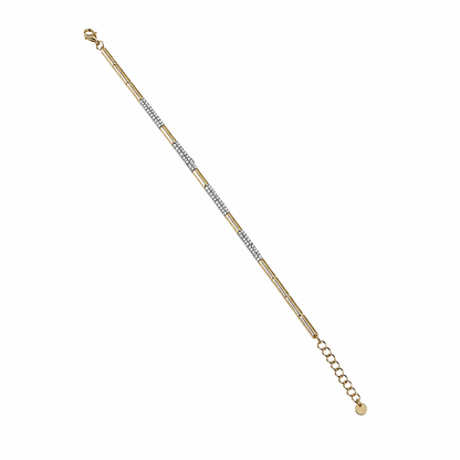14 karat yellow gold diamond bar bracelet with natural round diamonds and adjustable chain at Isabella’s Fine Jewelry in Huntington Beach California