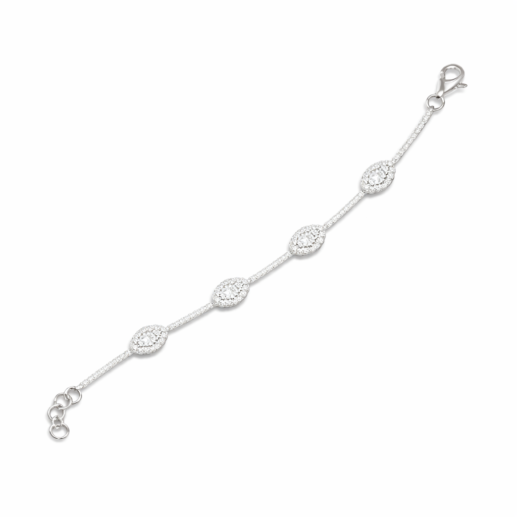 14k white gold diamond bracelet with round brilliant centers and pavé marquise style stations 0.89 carat total weight
