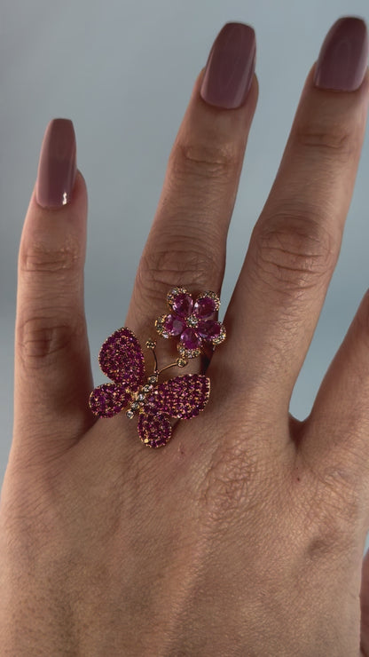 18KT Gold Butterfly Flower Pink Sapphires Diamond Open Ring