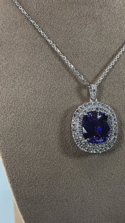 14KT Gold Cushion Cut Blue Sapphire and Diamond Pendant Necklace