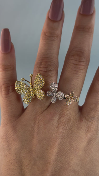 18KT Tri-Color Gold Three Butterflies Diamond Open Ring