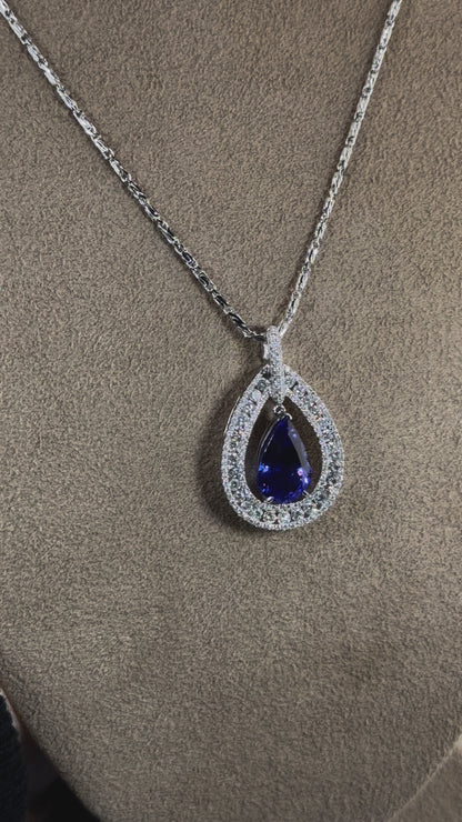 18KT Gold Pear Tanzanite and Diamond Pendant Necklace