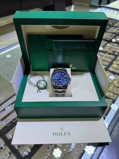 Rolex Sky-Dweller 42mm stainless steel blue dial with fluted bezel full set available in Huntington Beach Orange County