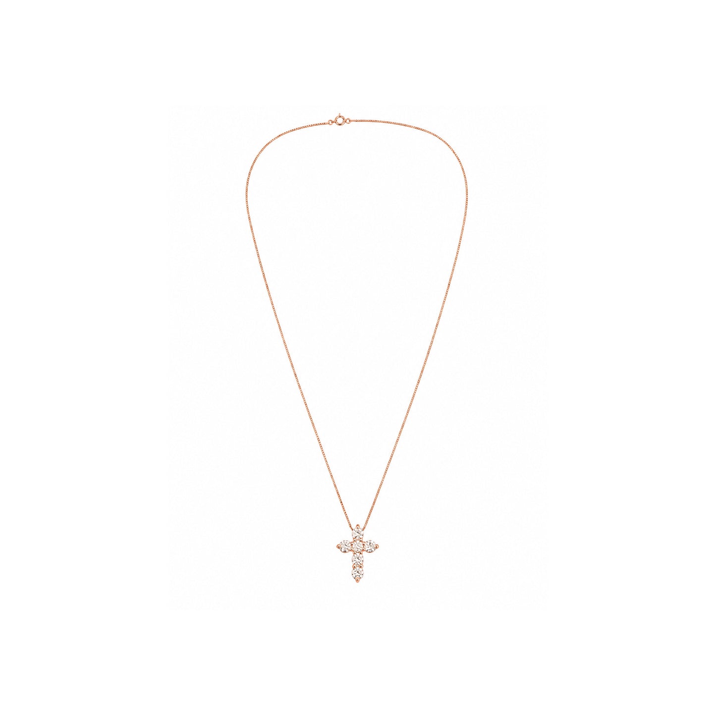 Rose gold diamond cross necklace featuring round brilliant diamonds suspended from a delicate box chain on a white background.