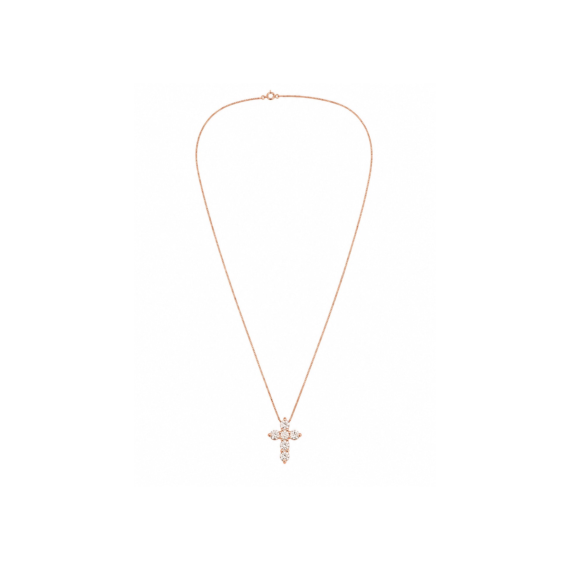 Rose gold diamond cross necklace featuring round brilliant diamonds suspended from a delicate box chain on a white background.