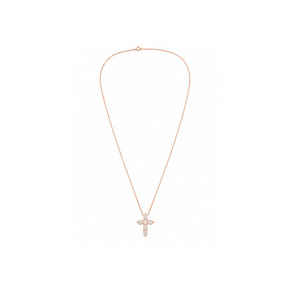 Rose gold diamond cross necklace featuring round brilliant diamonds suspended from a delicate box chain on a white background.