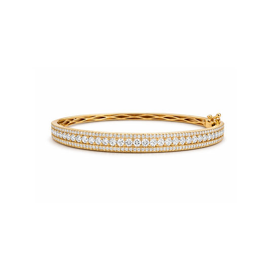 Three row pavé diamond bangle bracelet in 14K yellow gold available in Huntington Beach Orange County