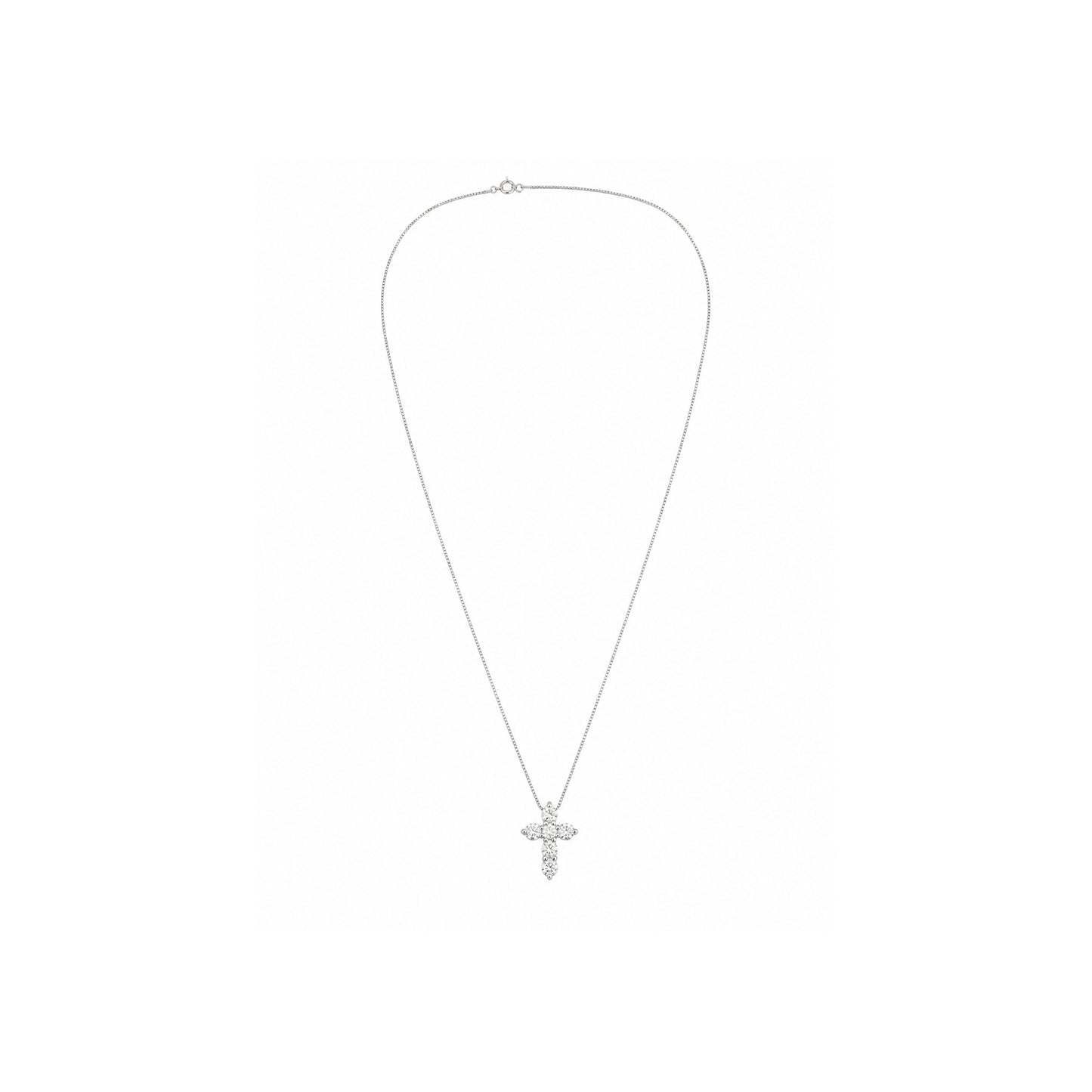 White gold diamond cross necklace featuring round brilliant diamonds suspended from a delicate box chain on a white background