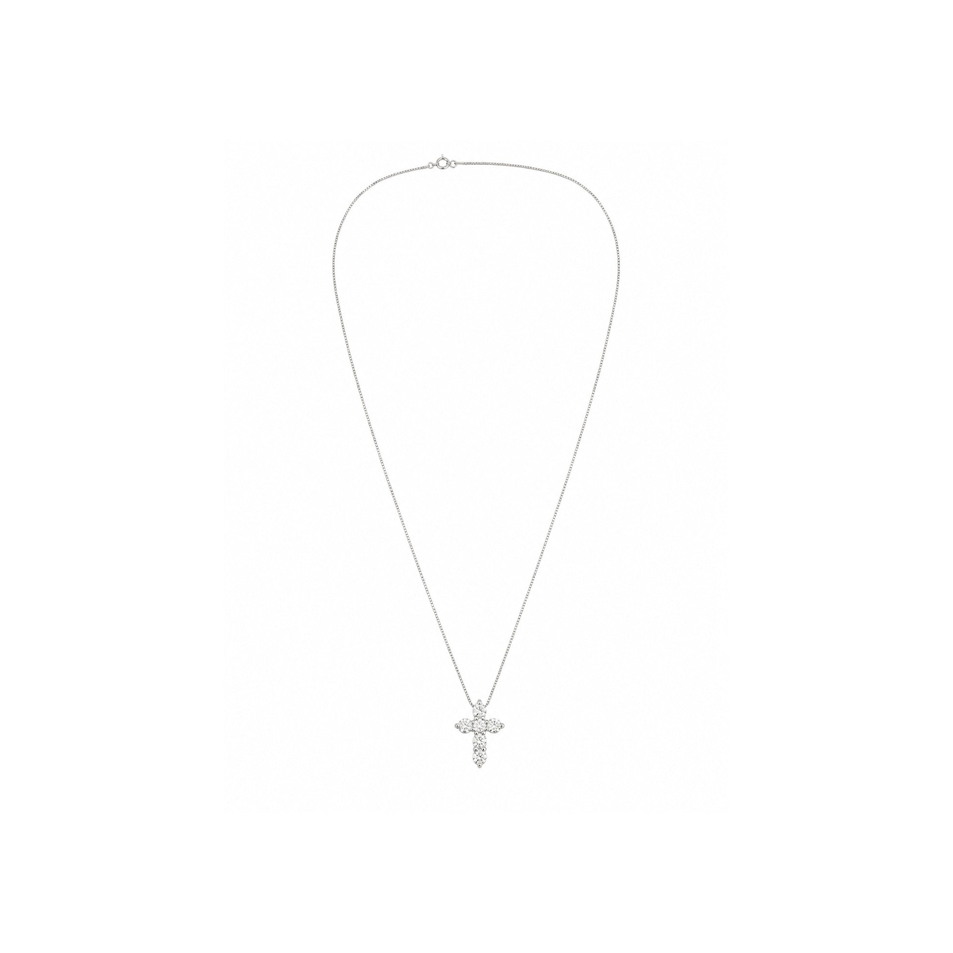 White gold diamond cross necklace featuring round brilliant diamonds suspended from a delicate box chain on a white background