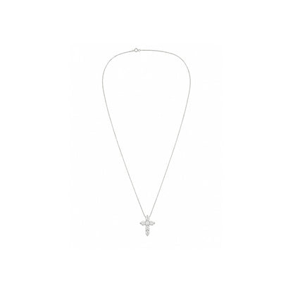 White gold diamond cross necklace featuring round brilliant diamonds suspended from a delicate box chain on a white background