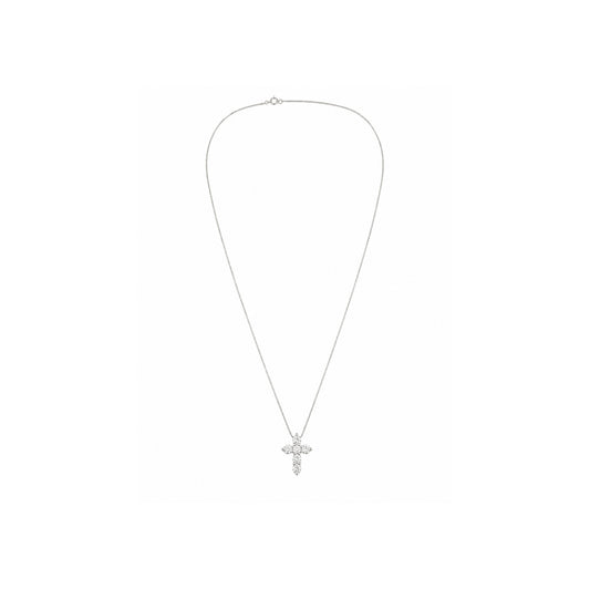 White gold diamond cross necklace featuring round brilliant diamonds suspended from a delicate box chain on a white background
