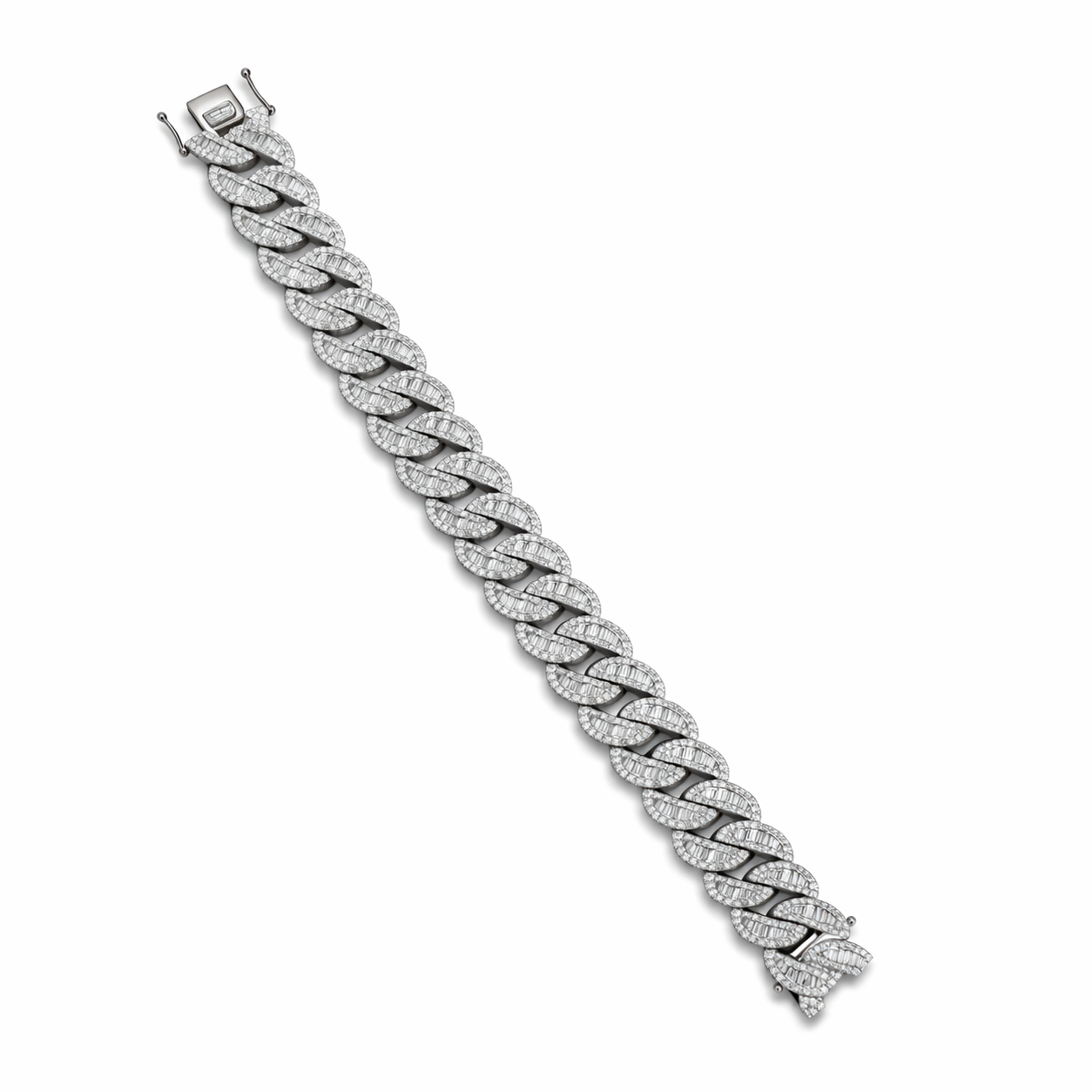 White gold diamond Cuban link bracelet with baguette and round diamonds on white background available in Huntington Beach Orange County