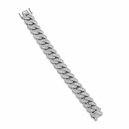 White gold diamond Cuban link bracelet with baguette and round diamonds on white background available in Huntington Beach Orange County