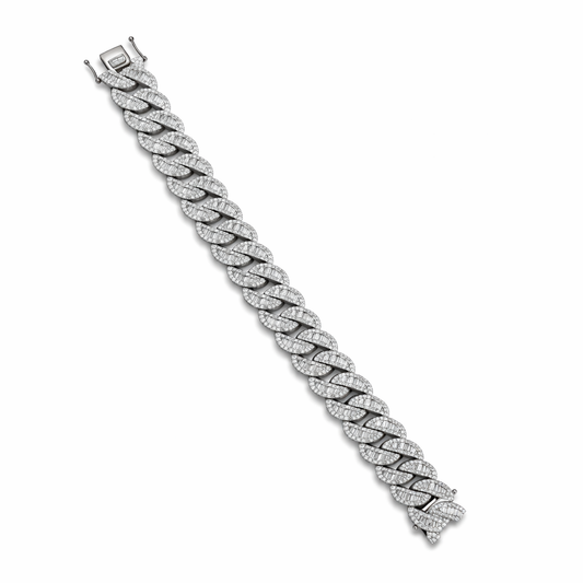 White gold diamond Cuban link bracelet with baguette and round diamonds on white background available in Huntington Beach Orange County