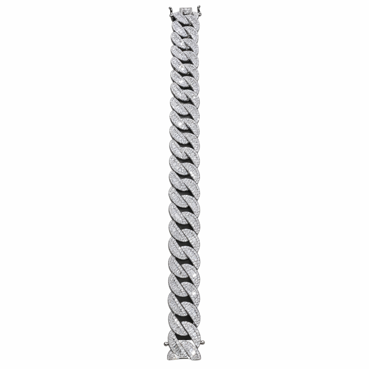 White gold diamond Cuban link bracelet with round brilliant diamonds on white background available in Huntington Beach Orange County