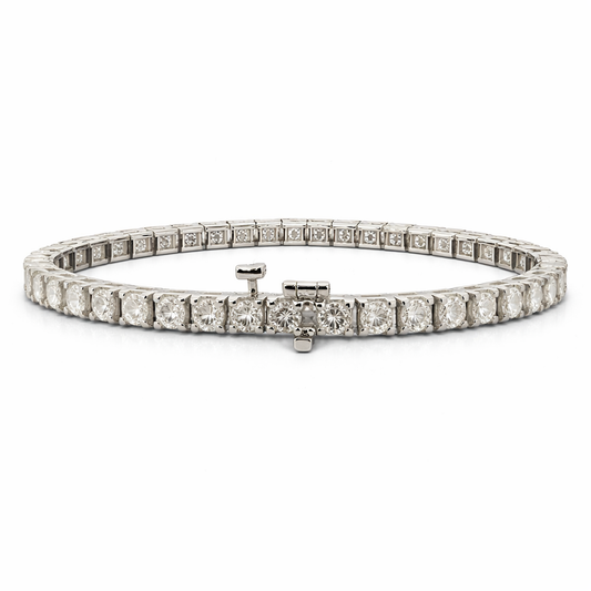White gold round diamond tennis bracelet with box clasp and safety latch on white background