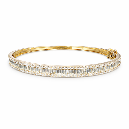 Yellow gold baguette and round diamond bangle bracelet with pavé diamonds luxury bracelet from Isabella's Fine Jewelry Huntington Beach Orange County