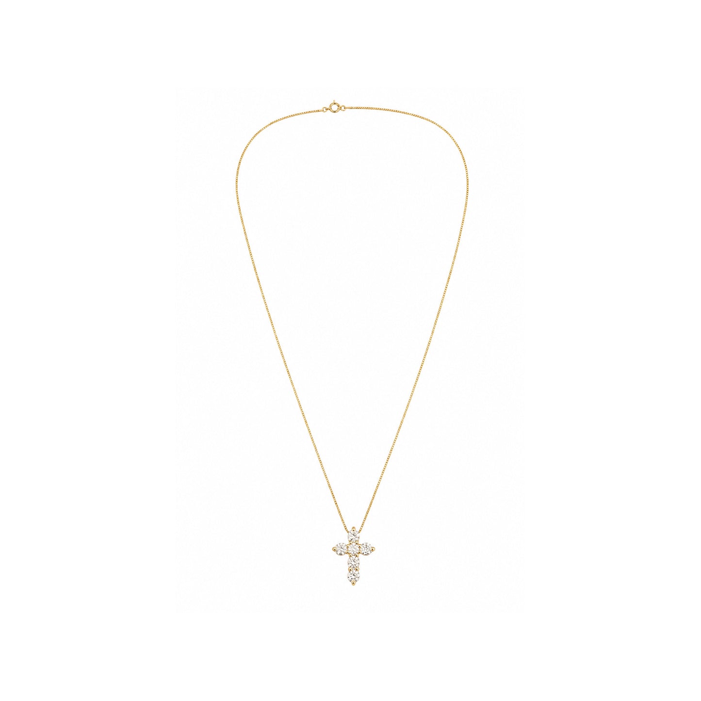 Yellow gold diamond cross necklace featuring round brilliant diamonds suspended from a delicate box chain on a white background.