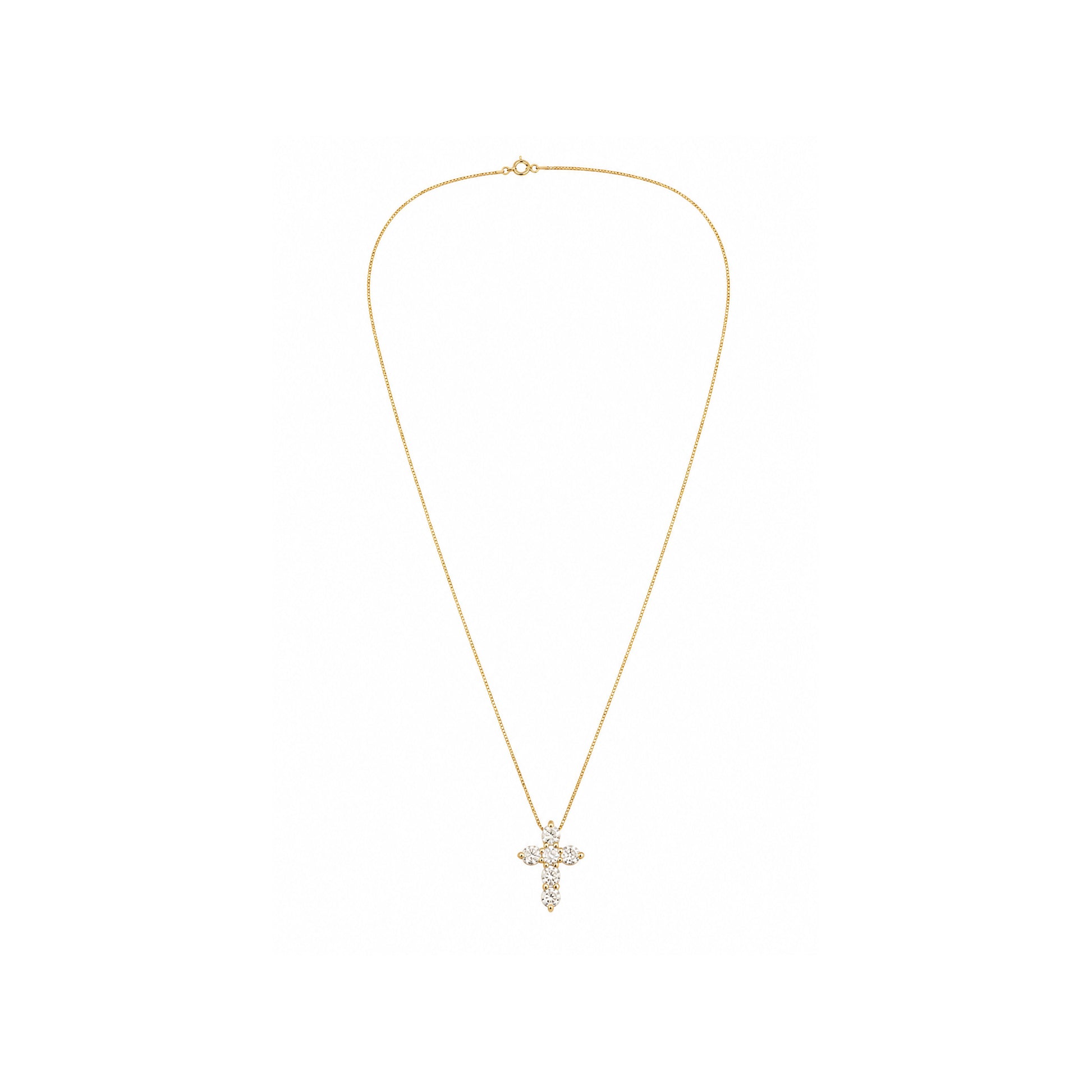 Yellow gold diamond cross necklace featuring round brilliant diamonds suspended from a delicate box chain on a white background.