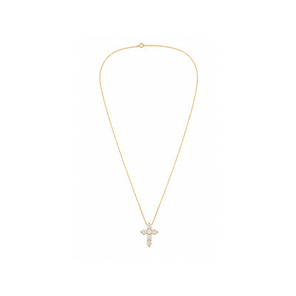 Yellow gold diamond cross necklace featuring round brilliant diamonds suspended from a delicate box chain on a white background.
